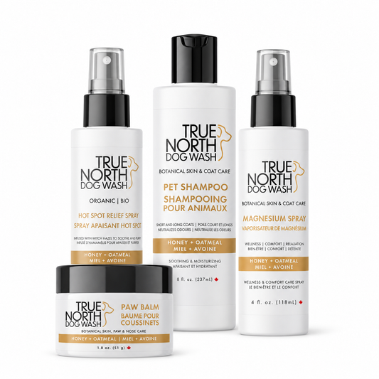 Honey and Oatmeal Collection: shampoo, hot spot relief spray, magnesium spray and paw balm with current packaging