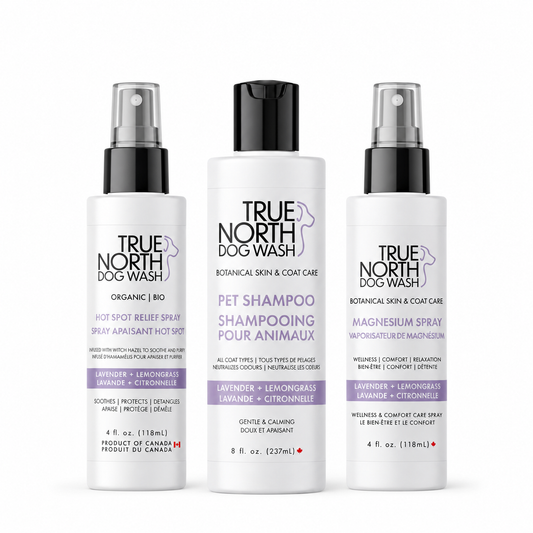 Lavender and Lemongrass Collection: shampoo, hot spot relief spray and magnesium spray with current packaging