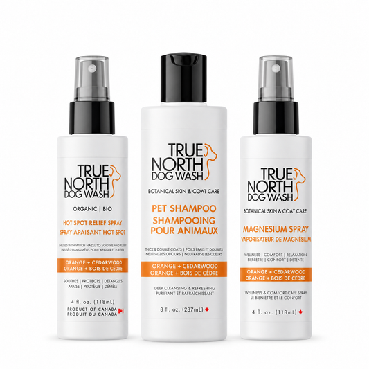 Orange and Cedarwood Collection: shampoo, hot spot relief spray and magnesium spray with current packaging