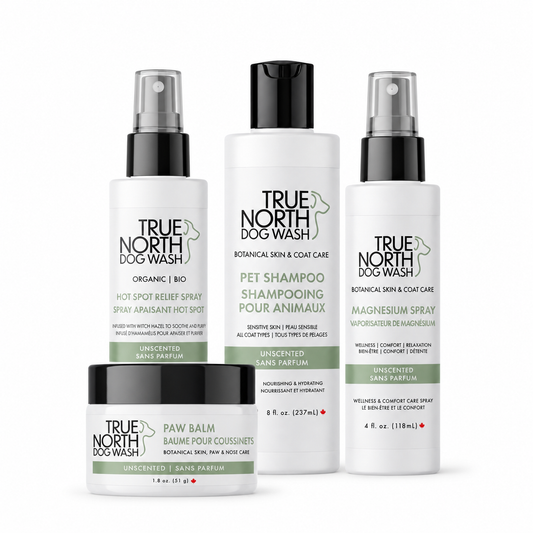 Unscented Collection: shampoo, hot spot relief spray, magnesium spray and paw balm with current packaging